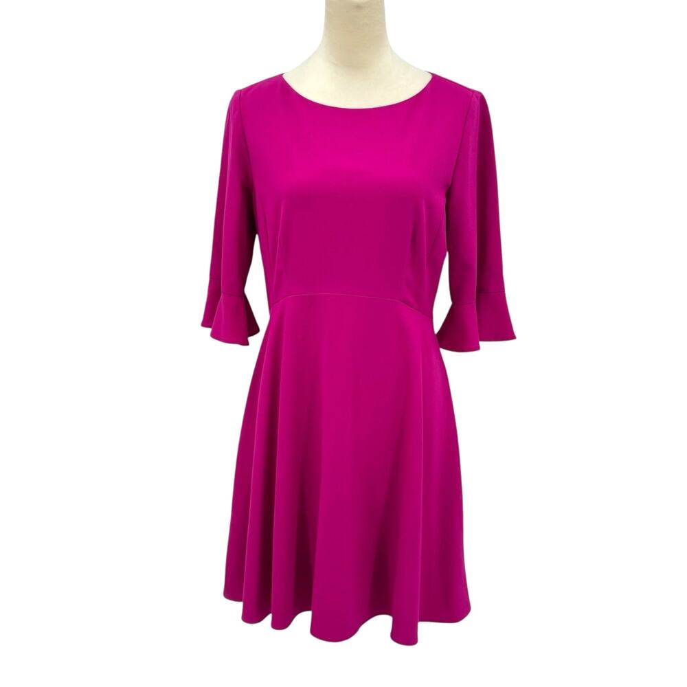 Tahari ASL Magenta Fuschia Solid Pink Flounce Sleeve Fit & Flare Career Dress